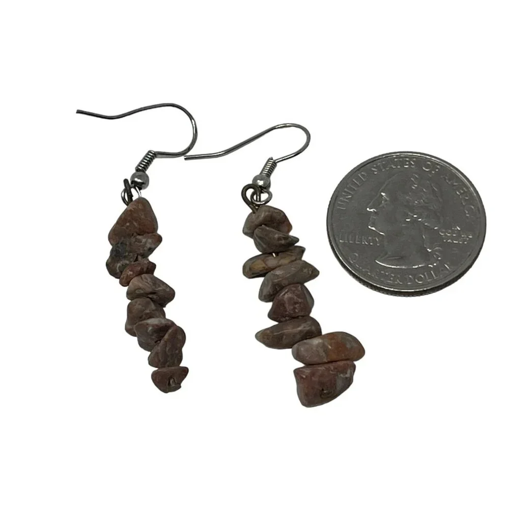 Vintage Pierced Earrings Brown Stone Chip Dangle Drop‎ Wire
